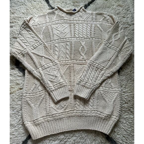 Vintage Gap Sweater Pullover Turtleneck heavy cream linen Cable Hand Knit sz M - Picture 1 of 13